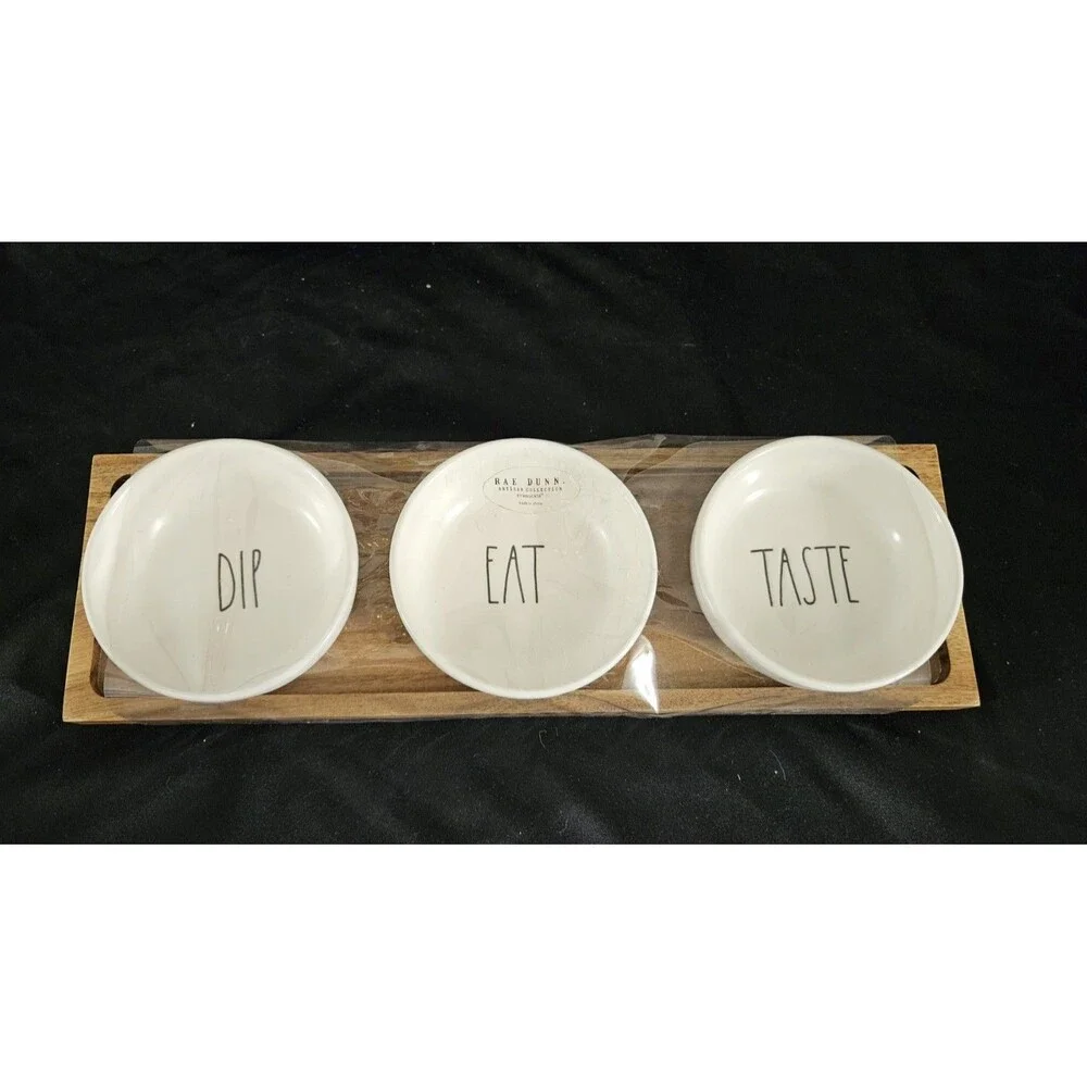 Rae Dunn DIP EAT TASTE Ceramic Bowl Set 4 Pc with Wooden Serving Party Tray New